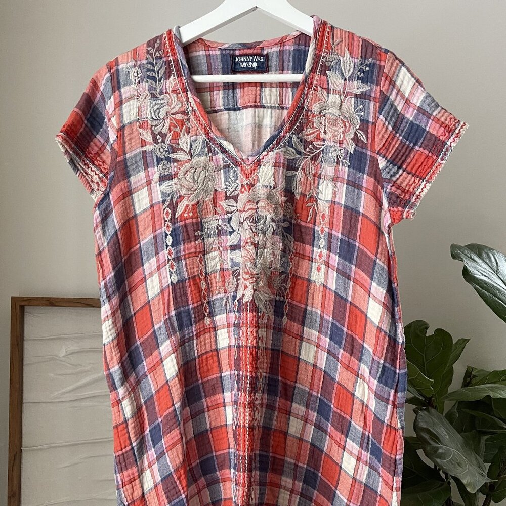 Women's JOHNNY WAS Workshop Floral Embroidered Plaid Tunic Dress Size Small S
